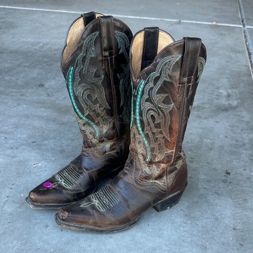 Brown Western Cowboy Boots with Turquoise Accents